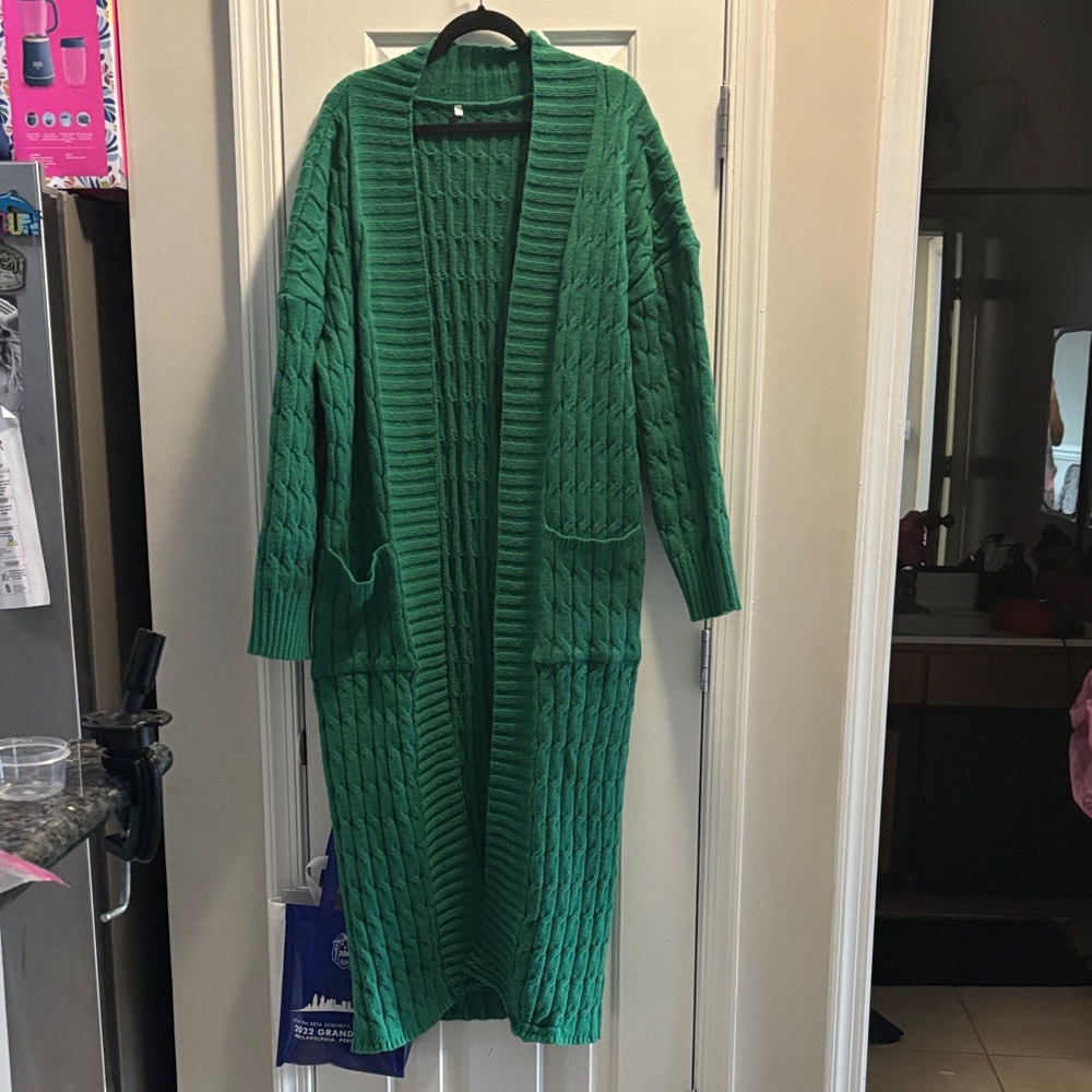 Green Cable Knit Long Cardigan Sweater